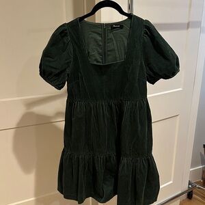 Green Corduroy Dress with Puff Sleeves